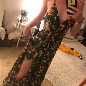 Backless floral green jumpsuit
